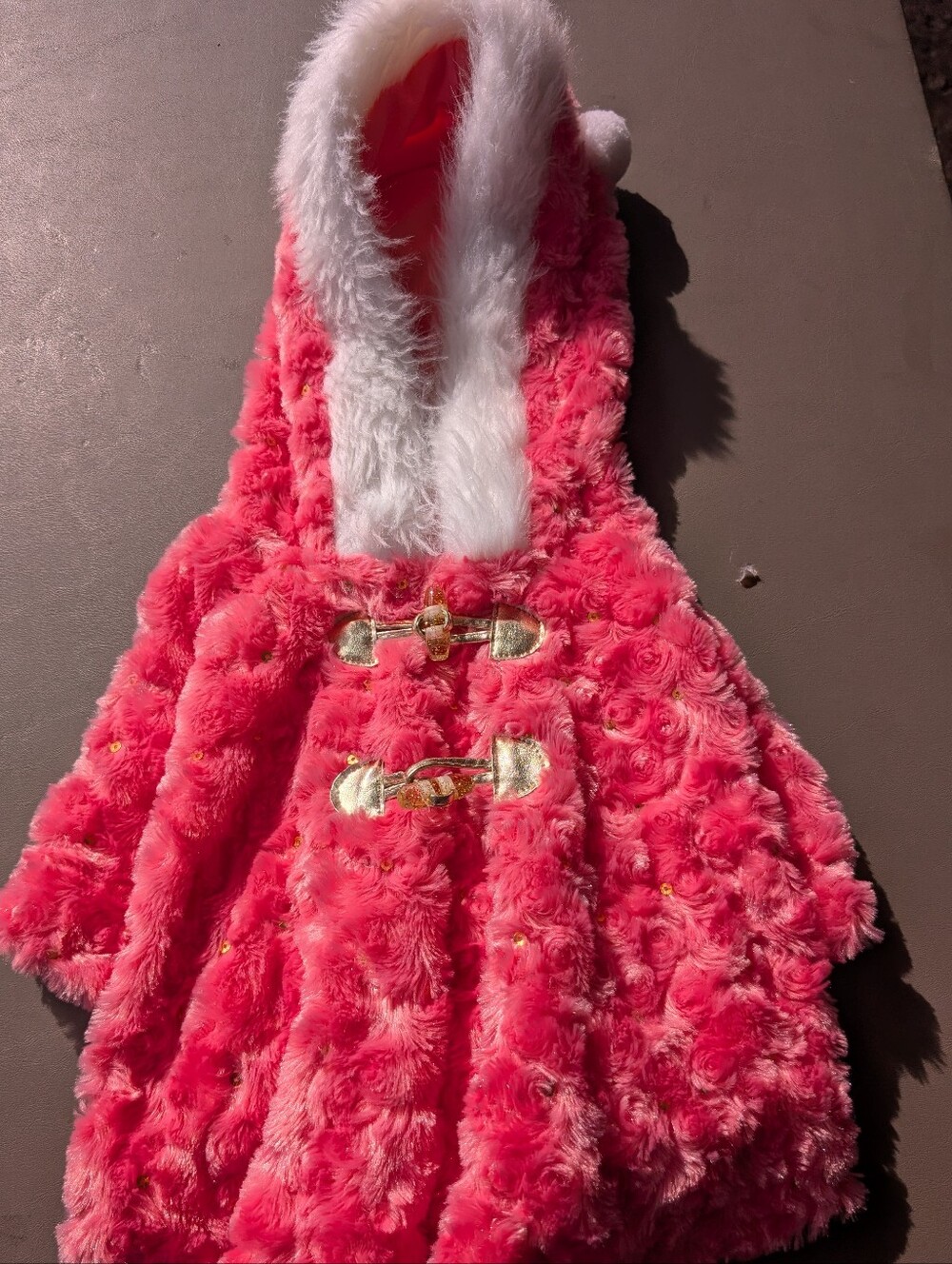 Little Lass Pink Faux Fur Hooded Cape with Gold Accents
